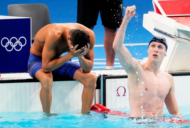 Lukas Maertens (Germany) and Guilherme Costa (Brazil) in the men’s 400-meter freestyle final during the Paris 2024 Olympic Summer Games at Paris La Défense Arena.