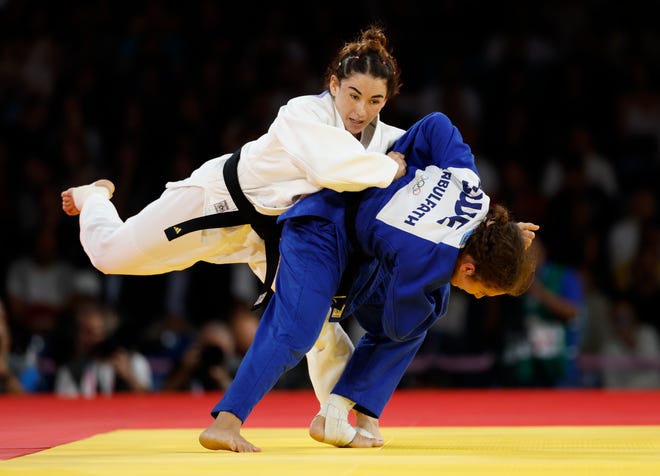 Tara Babulfath (SWE) defeats Abiba Abuzhakynova (KAZ) in a women's judo 48kg bronze medal match during the Paris 2024 Olympic Summer Games at Champ-de-Mars Arena.