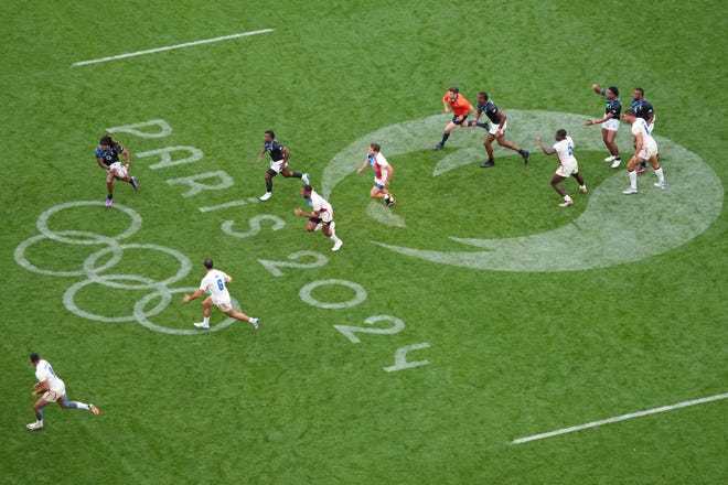 A general view as France plays Fiji in the rugby sevens gold medal match during the Paris 2024 Olympic Summer Games at Stade de France.