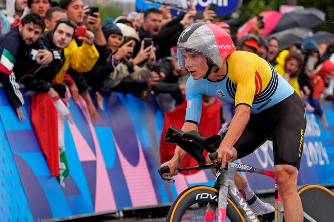 Remco Evenepoel (BEL) in the men’s individual time trial road cycling during the Paris 2024 Olympic Summer Games at Grand Palais-Pont Alexandre III.