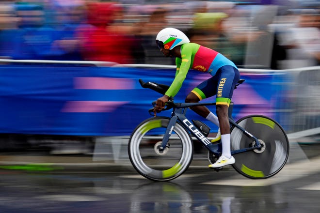 Biniam Girmay (ERI) in the men’s individual time trial road cycling during the Paris 2024 Olympic Summer Games at Grand Palais-Pont Alexandre III.