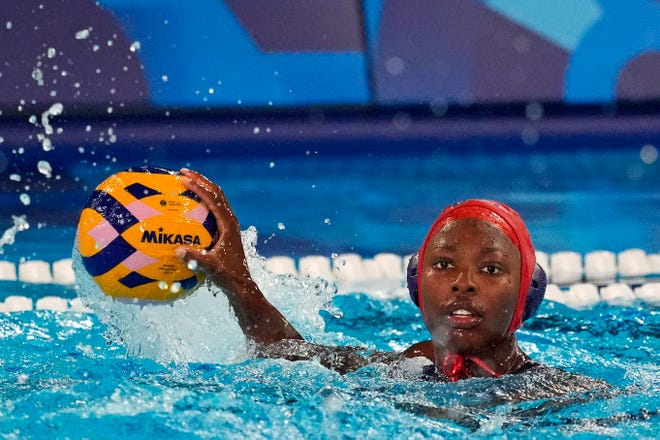 United States of America goalkeeper Ashleigh Johnson (1) throws the ball against Greece in women’s water polo group B play during the Paris 2024 Olympic Summer Games at Aquatics Centre.