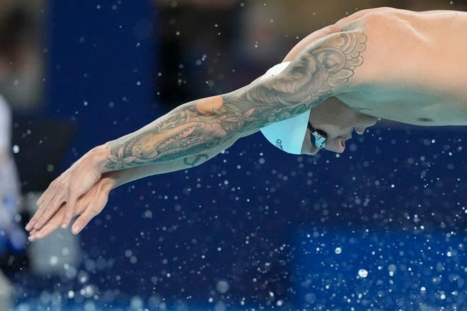 Caeleb Dressel (USA) in the men’s 4 x 100-meter freestyle relay preliminary heats during the Paris 2024 Olympic Summer Games at Paris La Défense Arena.