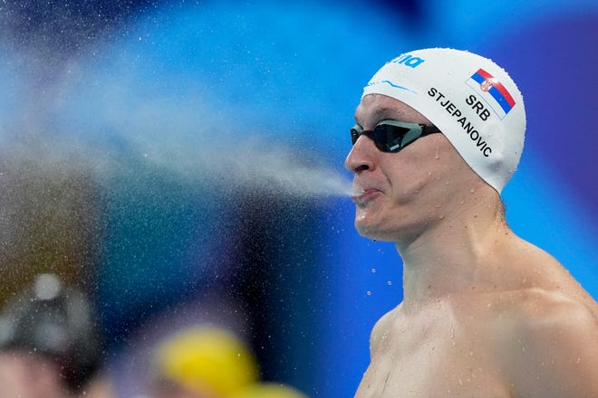 Velimir Stjepanovic (Serbia) in the men’s 4 x 100-meter freestyle relay preliminary heats during the Paris 2024 Olympic Summer Games at Paris La Défense Arena.