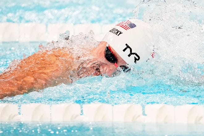 Katie Ledecky (USA) in the women’s 400-meter freestyle preliminary heats during the Paris 2024 Olympic Summer Games at Paris La Défense Arena.