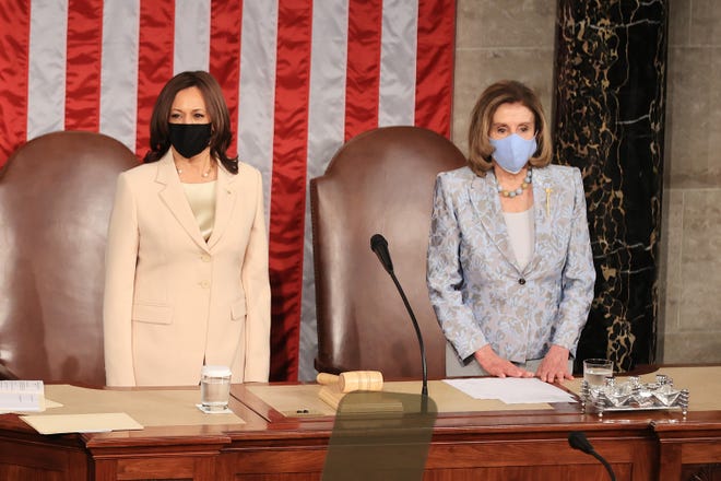 Vice President Kamala Harris and Speaker of the House Nancy Pelosi (D-CA) take their places before U.S. President Joe Biden addresses a joint session of congress in the House chamber of the U.S. Capitol April 28, 2021 in Washington, DC.