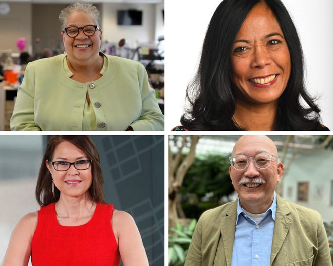 (Clockwise from top left) Edwina Blackwell Clark, executive editor of the Columbus Dispatch; Roxanna Scott, executive editor of USA TODAY Sports; Aki Soga, top editor at the Burlington Free Press; Elvia Díaz, opinion editor for the Arizona Republic.