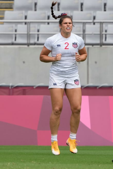 Ilona Maher loosens up as she takes the field the field during the Women's Rugby Sevens vs. China at the Tokyo Olympics on Saturday, July 31, 2021.