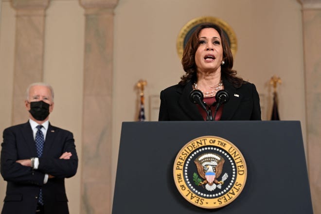 Vice President Kamala Harris delivers remarks on the guilty verdict against former policeman Derek Chauvin at the White House in Washington, DC on  April 20, 2021.