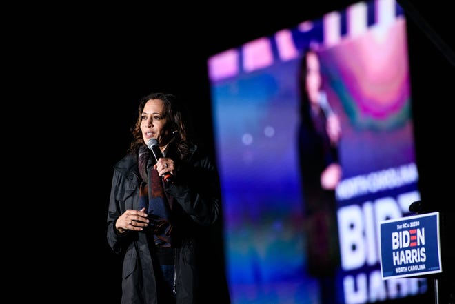 U.S. Senator Kamala Harris, the Democratic Party nominee for vice president, speaks at a drive-in rally at Fayetteville State University on Sunday, Nov. 1, 2020.